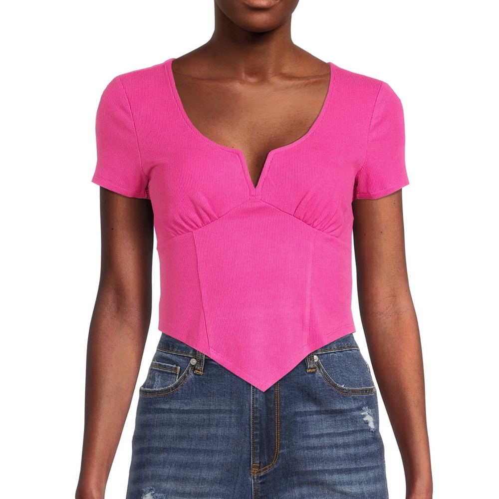STEVE MADDEN NYC V-Point Hem Top Short Sleeve Fuchsia Magenta Pink Y2K Crop Top